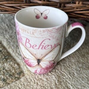 NWOT “Believe” Butterfly Mug - Pink and Cream